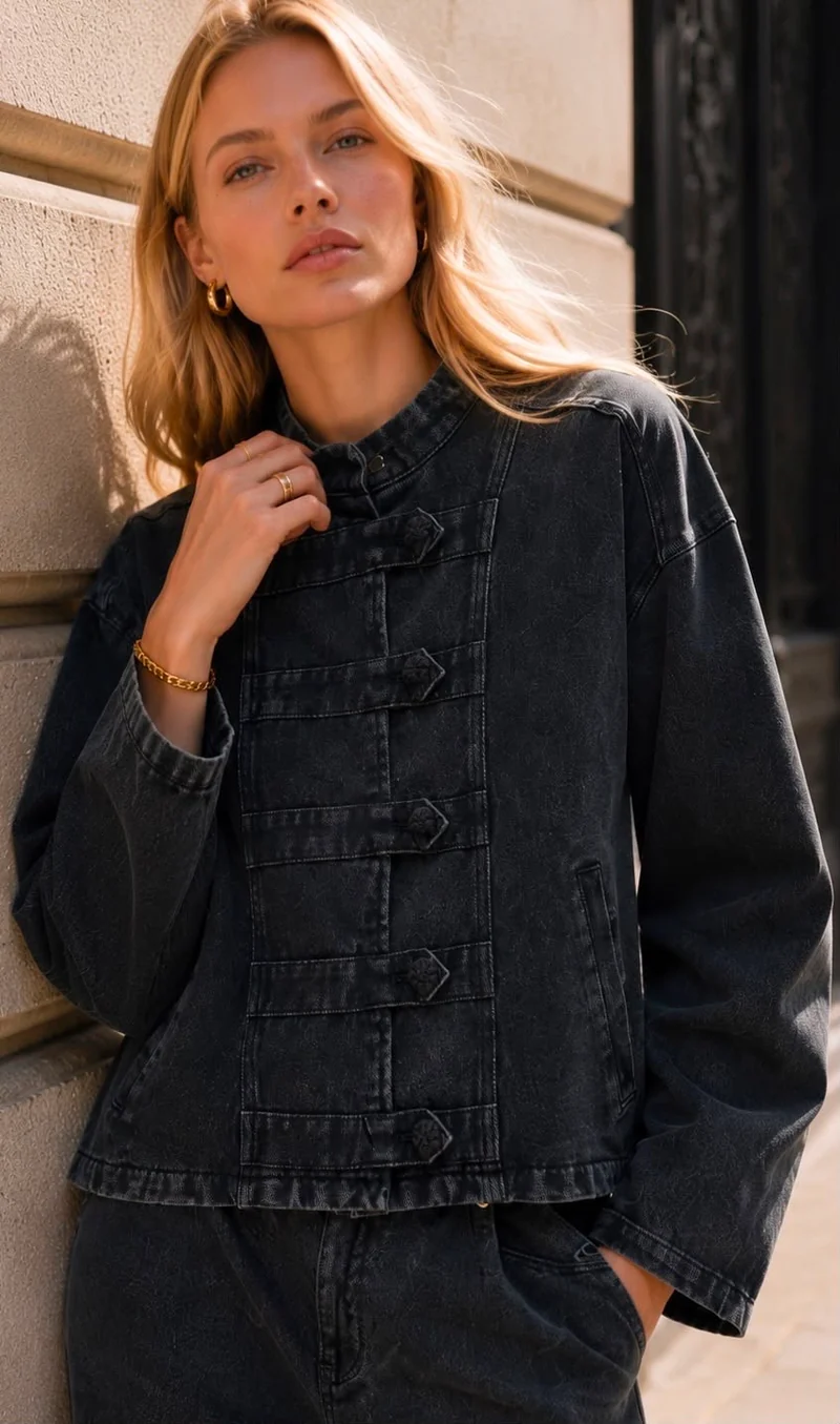 Denim officiersstijl jasje zwart
