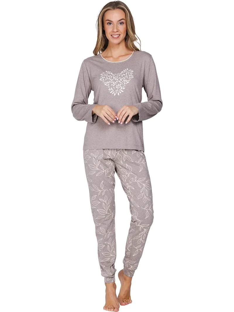 Pastunette dames katoenen pyjama lange mouwen - Beige flower