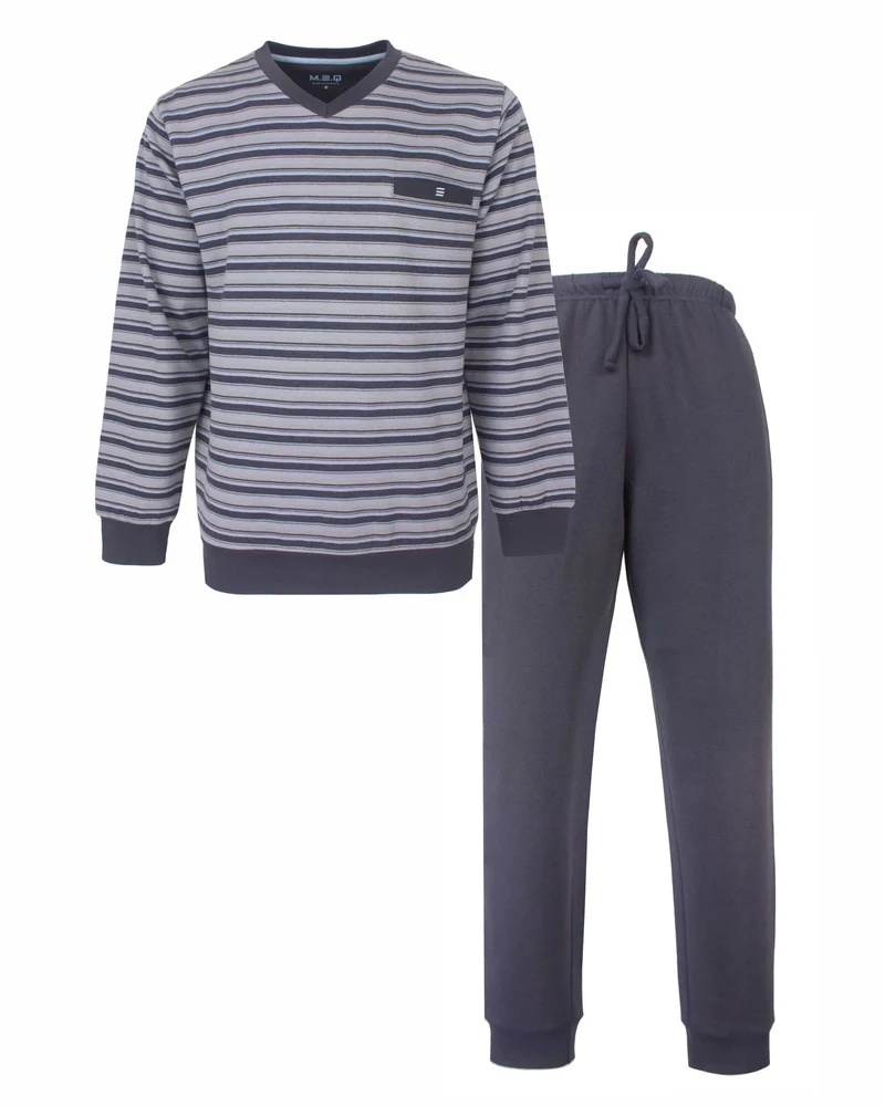 M.E.Q. Heren fleece pyjama lange mouwen - Grijze streep