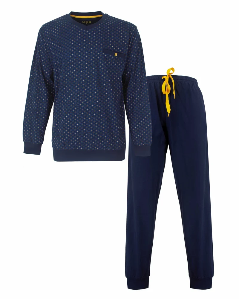 M.E.Q. Heren pyjama lange mouwen katoen V-hals - Blue Dots