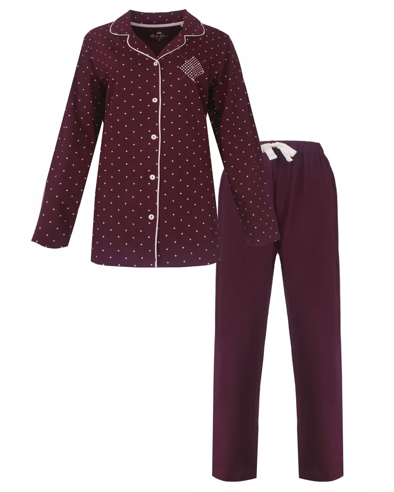 Medaillion dames pyjama - Doorknoop knoopsluiting - Bordeaux