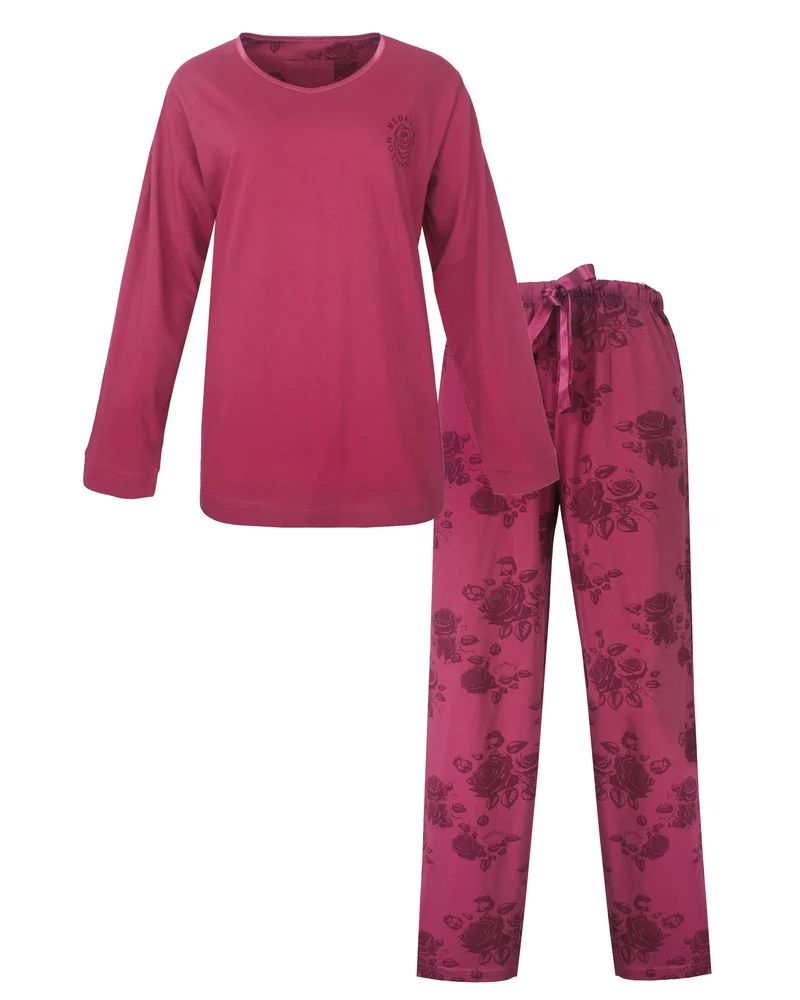Medaillion dames pyjama lange mouw katoen - Wine