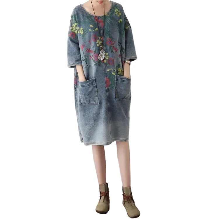 Dames Oversize Denim Jurk Bloemenprint Casual Herfststijl