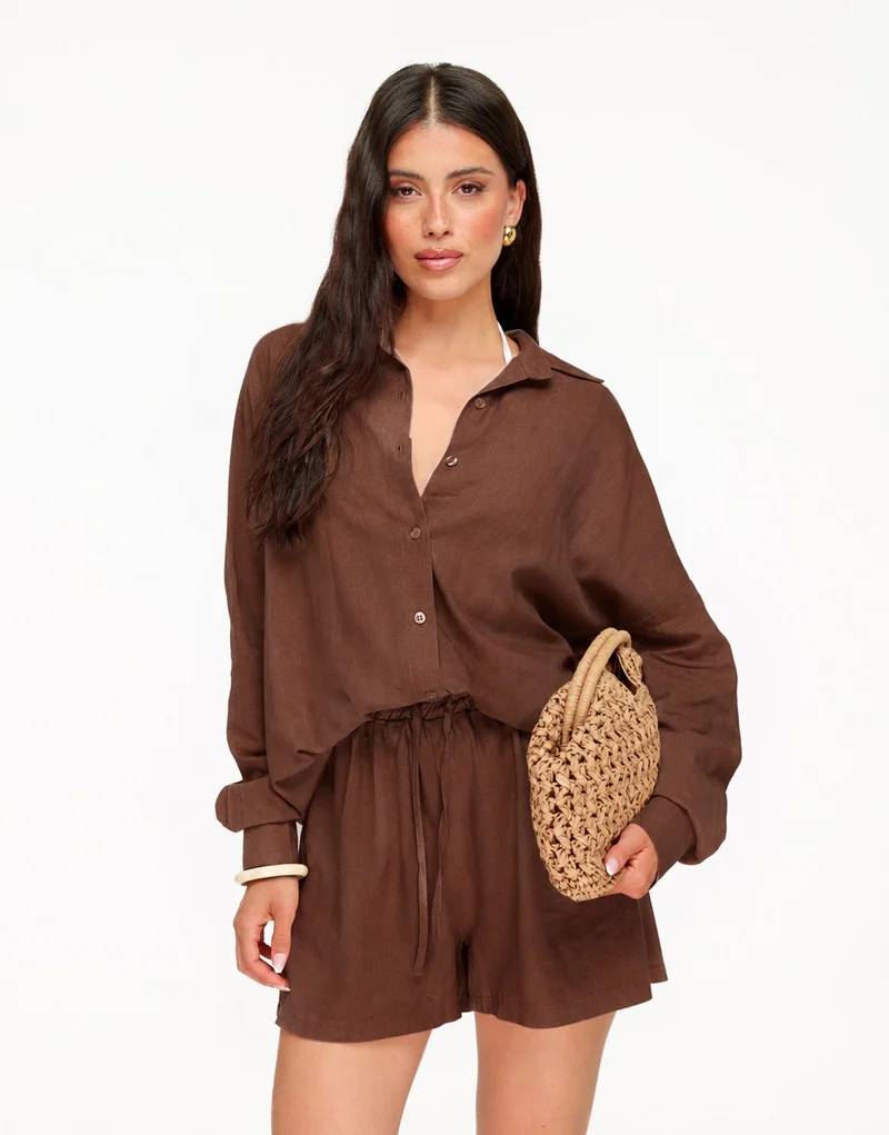 Bruine Linnen Wijde - Blouse