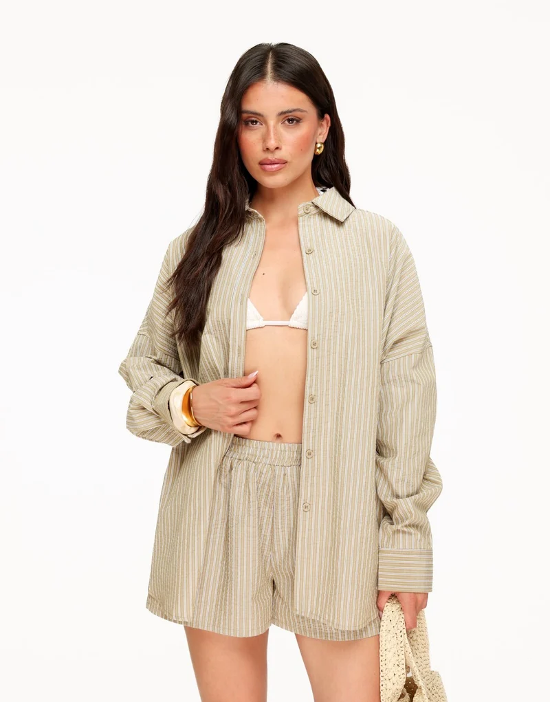 Khaki Gestreepte LS - Blouse