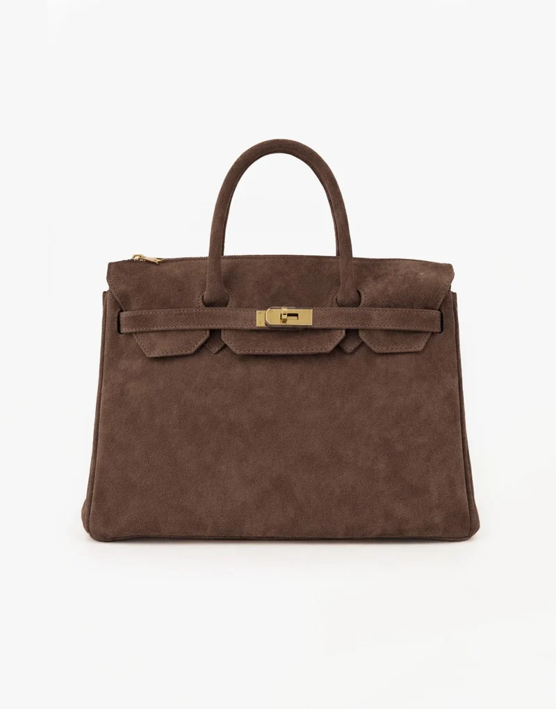 Taupe Grote Suede Gouden Detail - Tas