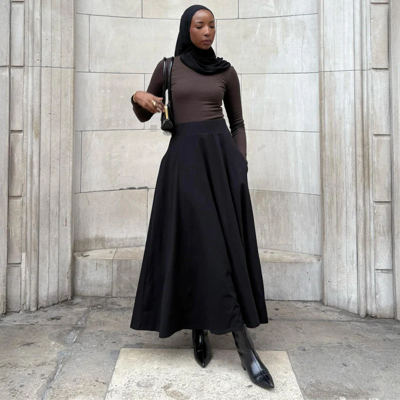 Cotton Jersey Maxi A-Line Skirt - Black