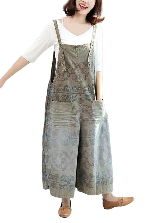 Vintage Bedrukte Jumpsuit Tuinbroek met Brede Pijpen en Steekzakken