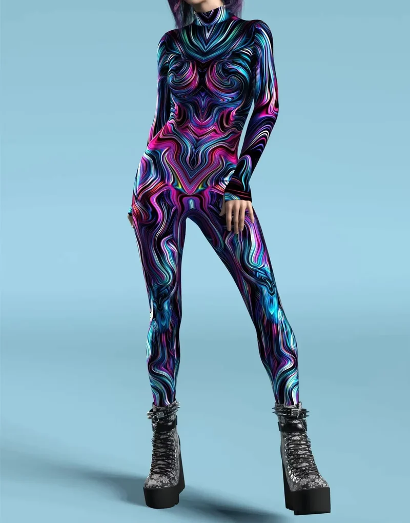 Dames Catsuit Jumpsuit met 3D Print en Rits
