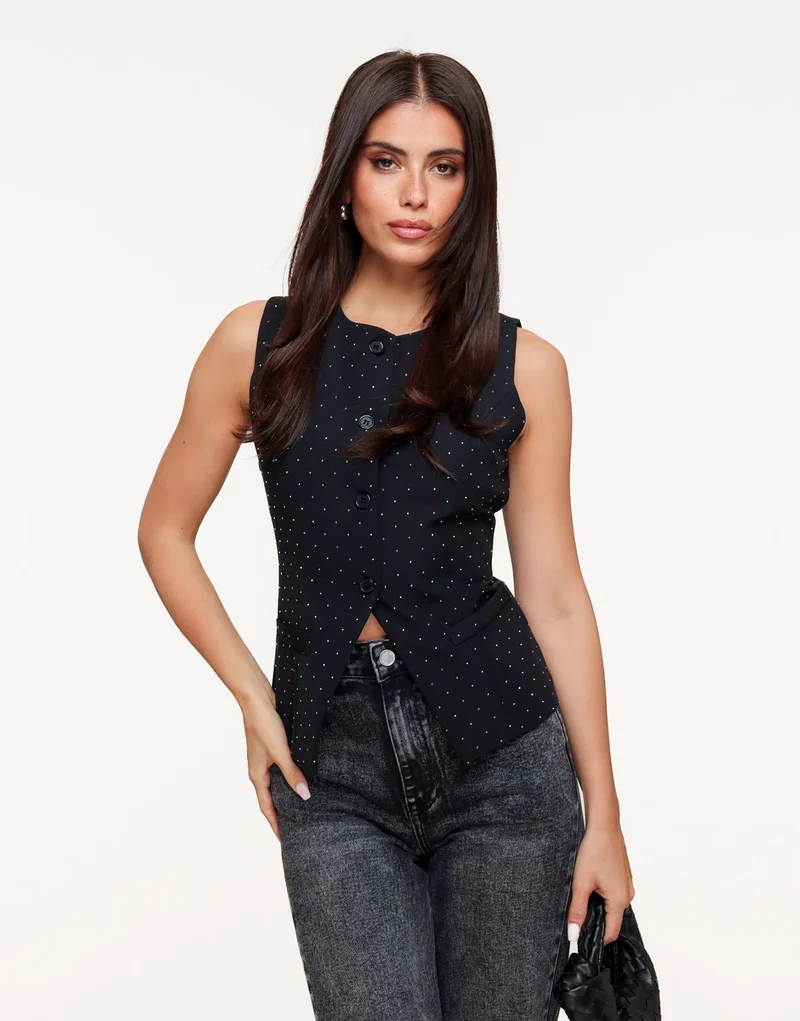 Zwart Hoge Knopen Zilveren Glitter Stenen - Gilet