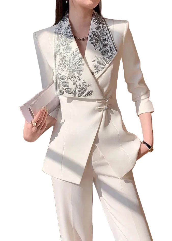 Elegante Dames Blazer Pak met Geborduurde Revers en Wijde Pijpen Broek