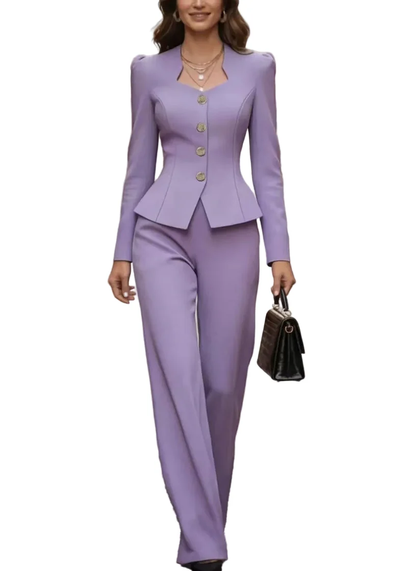 Elegant Dames Mantelpak met Schootje Blazer en Rechte Pantalon