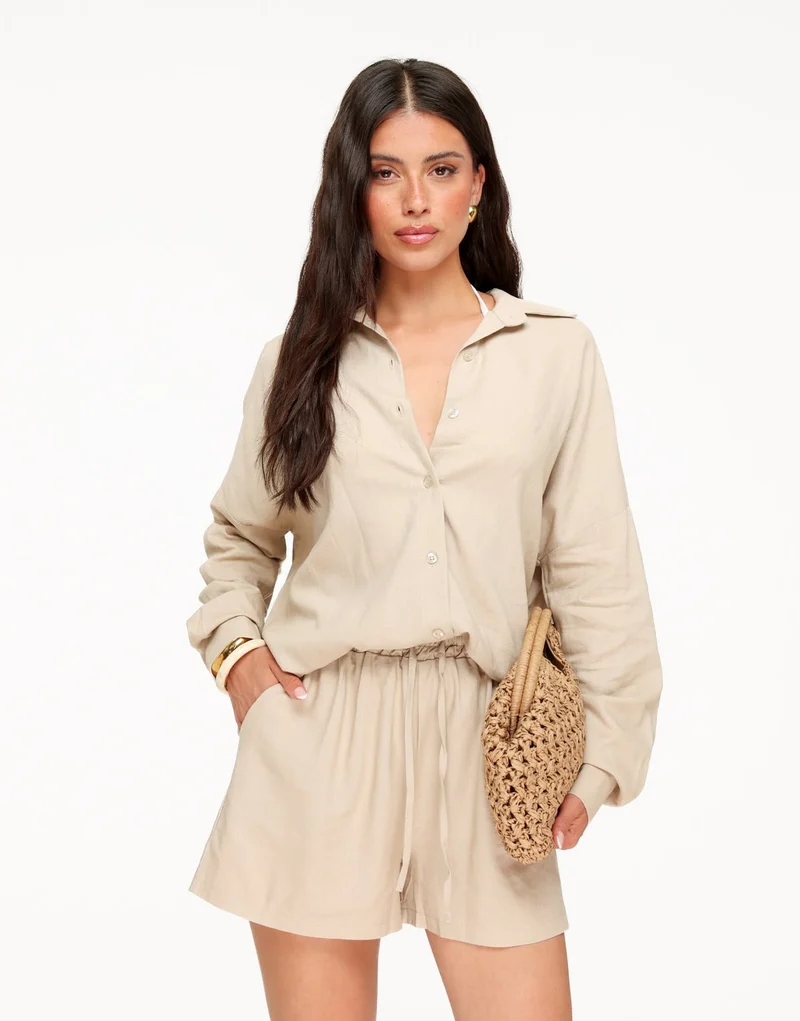 Beige Linnen Wijde Elastische Band - Set