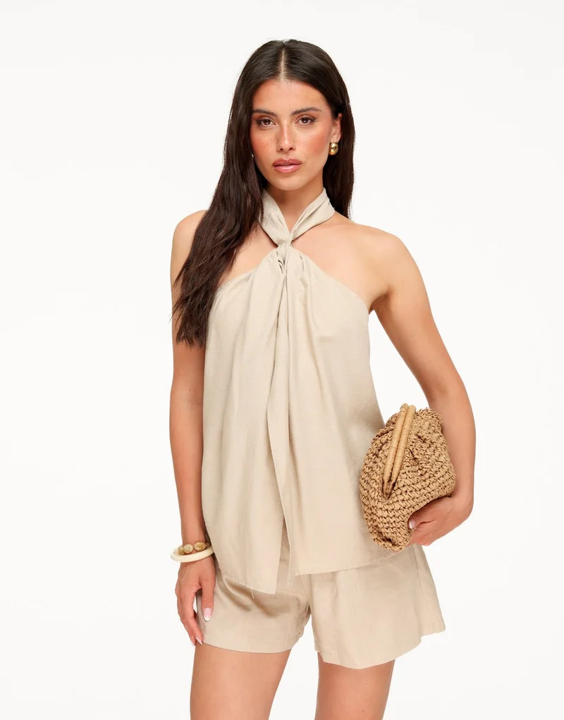 Beige Mouwloze Linnen Halter - Top
