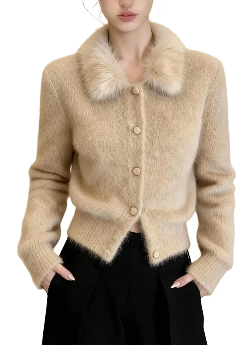 Luxe Dames Cardigan met Bontkraag – Zacht Gebreid Vest met Knoopsluiting