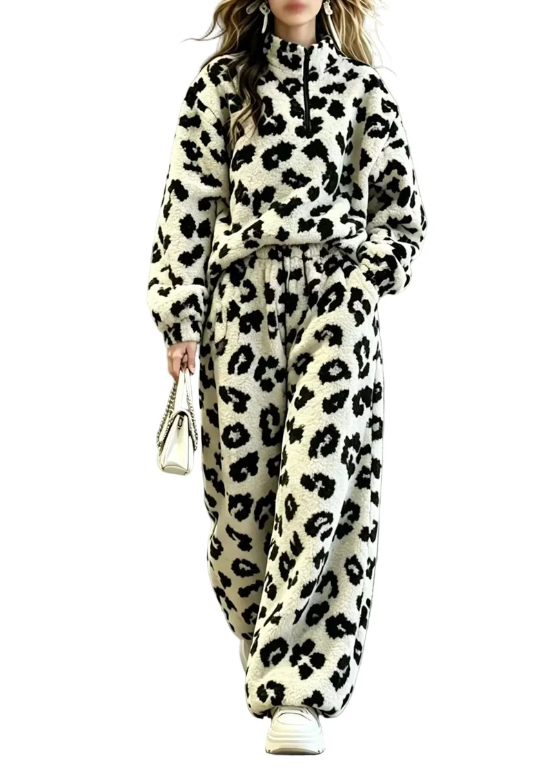 Dames Tweedelige Set Luipaardprint Met Opstaande Kraag