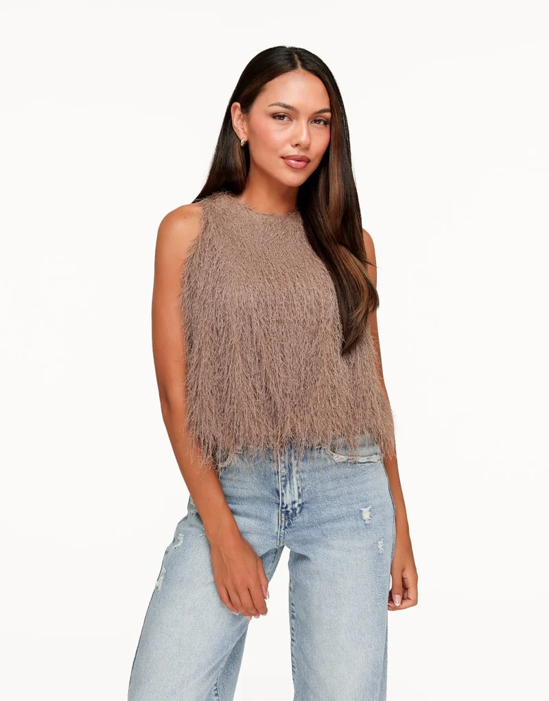 Taupe Mouwloze Fluffy - Top