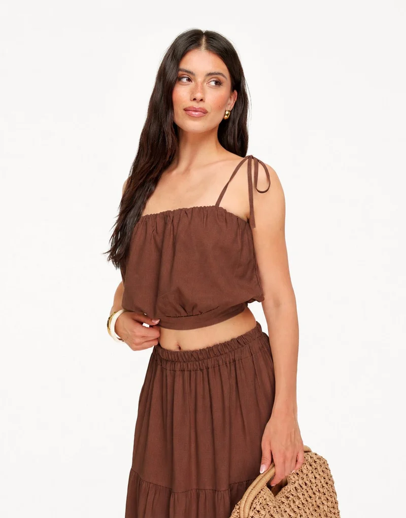 Bruine Linnen Mouwloze Cropped - Top