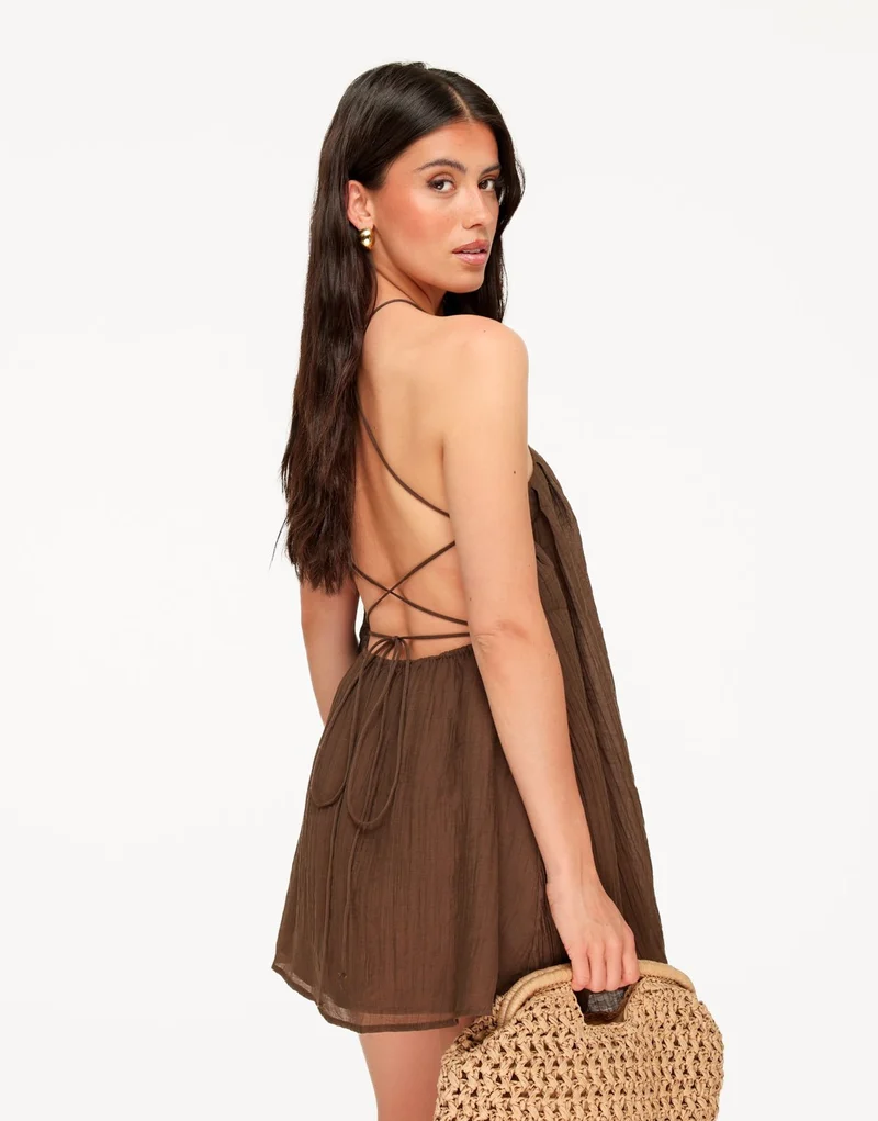 Donkerbruine Halter Flowy - Jurk