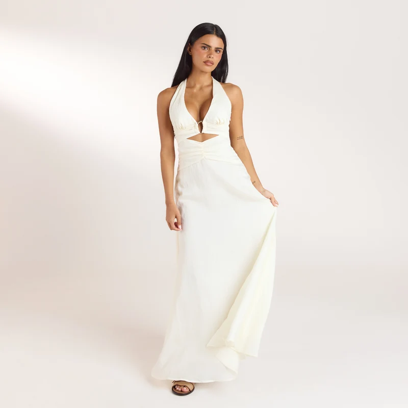 Maxi-jurk van Tencel met ruches - Crème