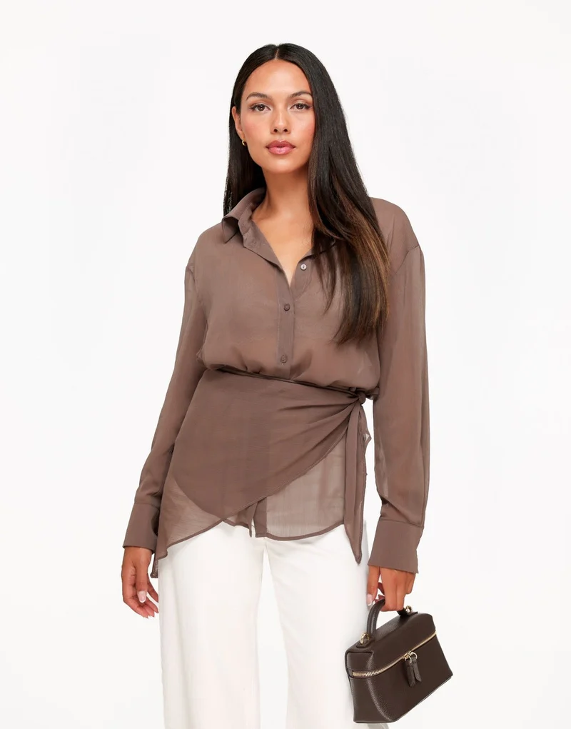 Bruine Doorschijnende Wikkel - Blouse