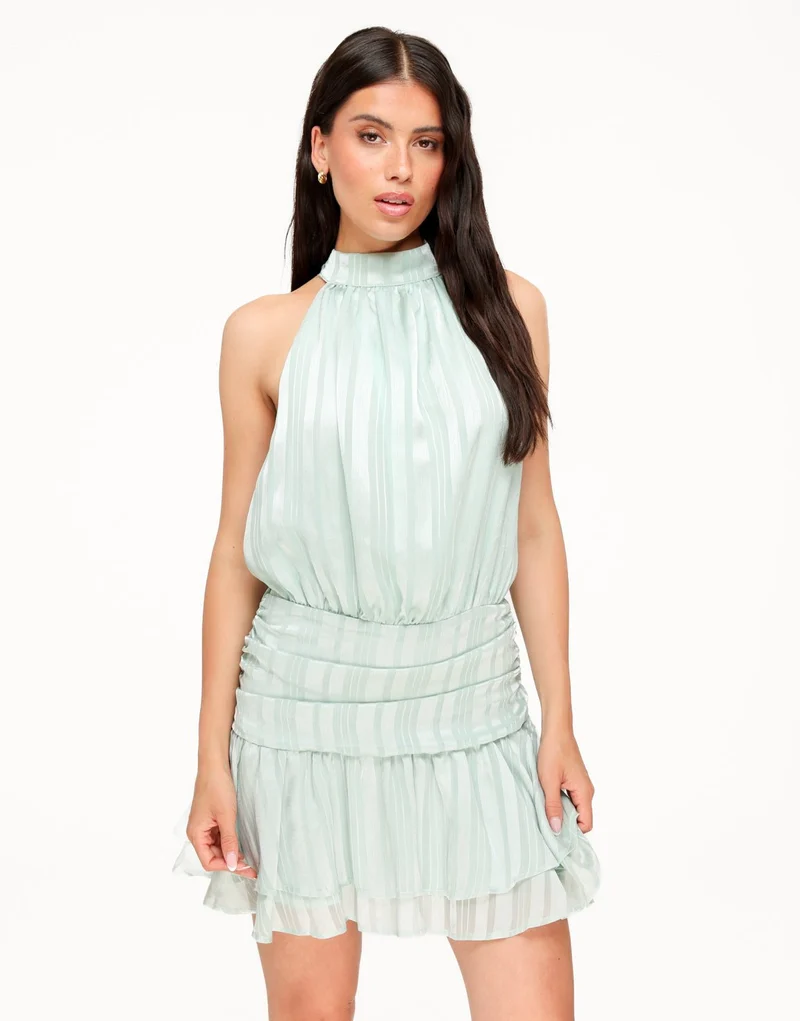 Mintgroene Gestreepte Halter Ruffel - Jurk