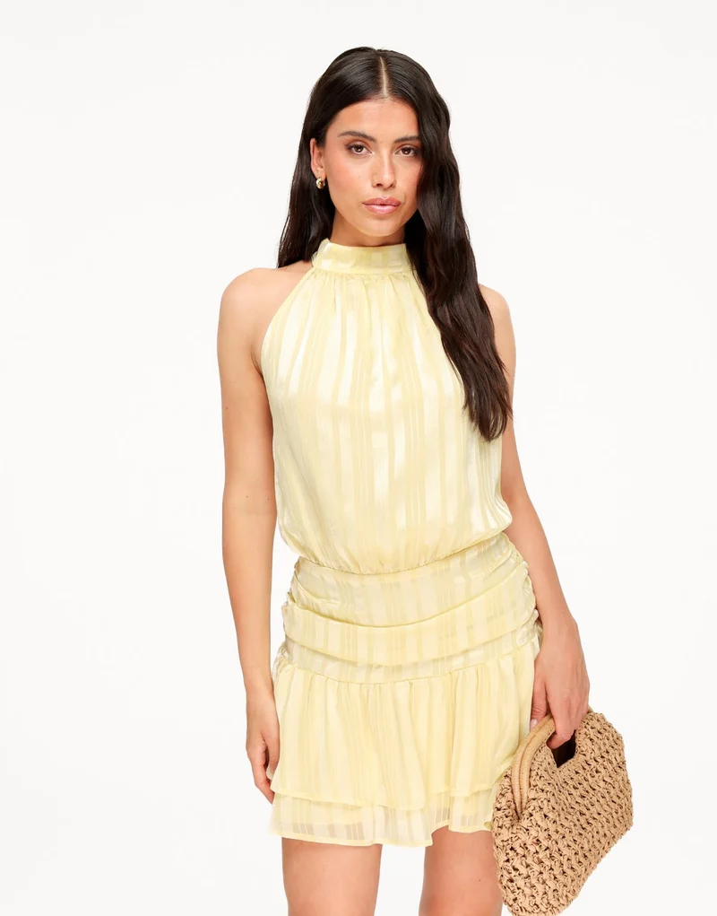 Lichtgele Gestreepte Halter Ruffel - Jurk
