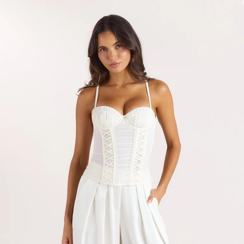 Ruched Sheer Corset Top - Crème