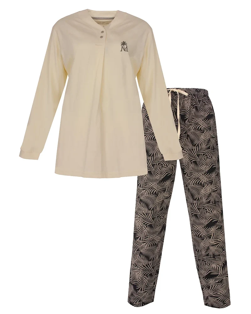 Medaillion dames pyjama lange mouw katoen - Yellow jungle