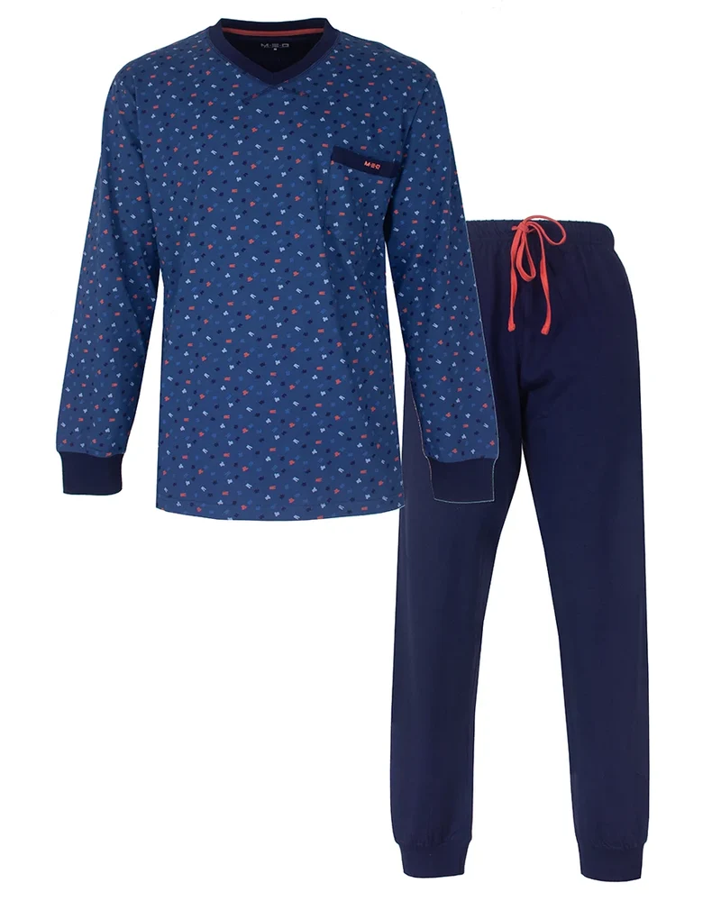 M.E.Q. Heren pyjama lange mouwen katoen V-hals - Blue logo