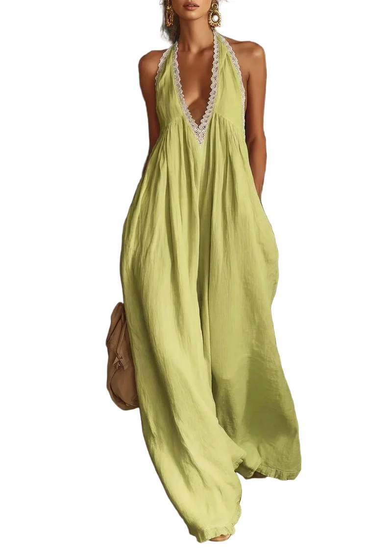 Dames halter jumpsuit met wijde pijpen, diepe V-hals en kanten details