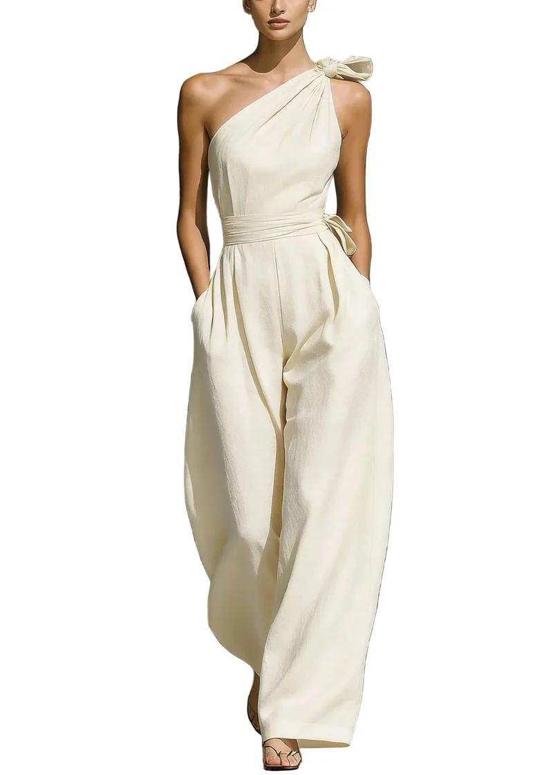 Dames one shoulder jumpsuit met wijde pijpen en strikdetails