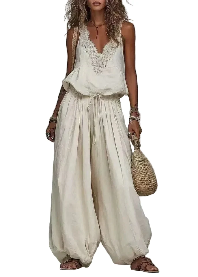 Dames Twee Delige Boho Set Mouwloos met V-hals en Verstelbaar Trekkoord
