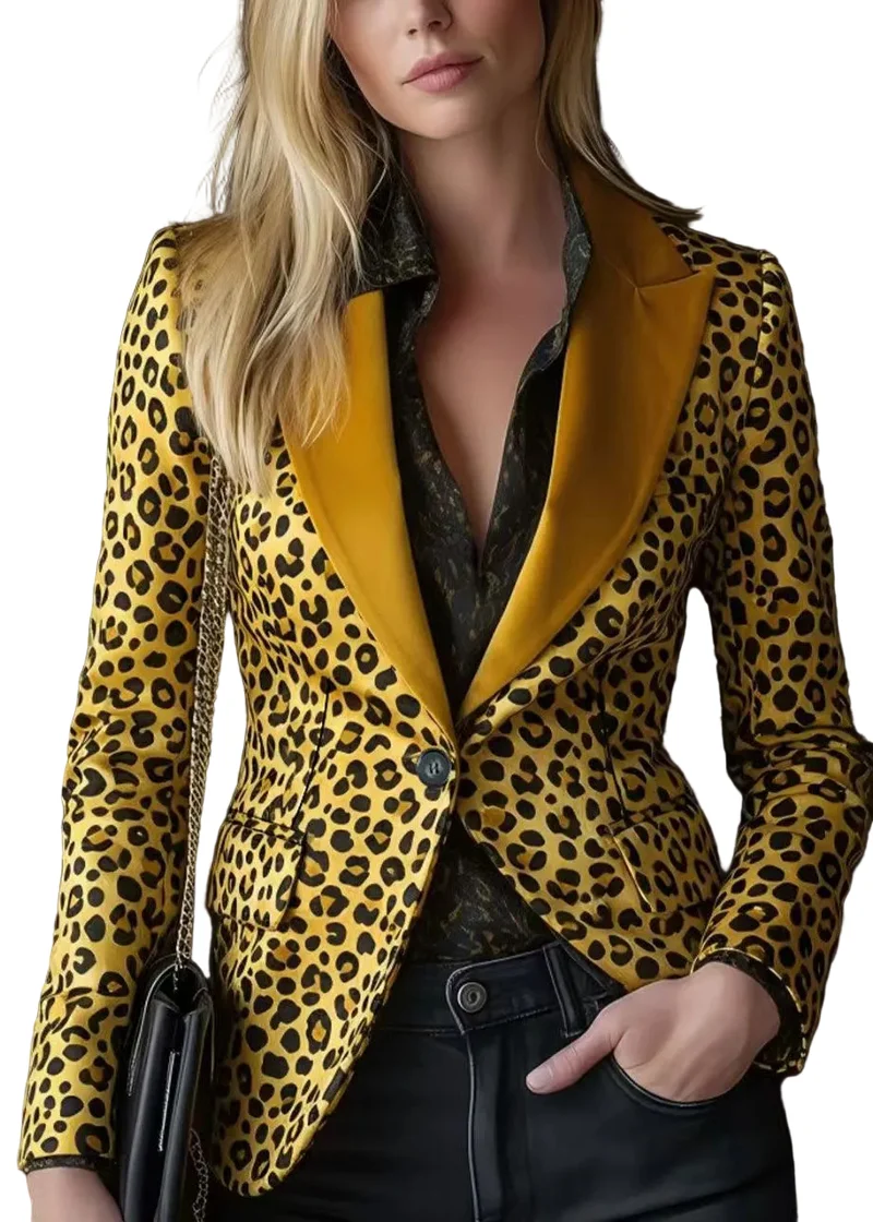 Dames blazer met luipaardprint en contrasterende revers – getailleerd model in geel en zwart