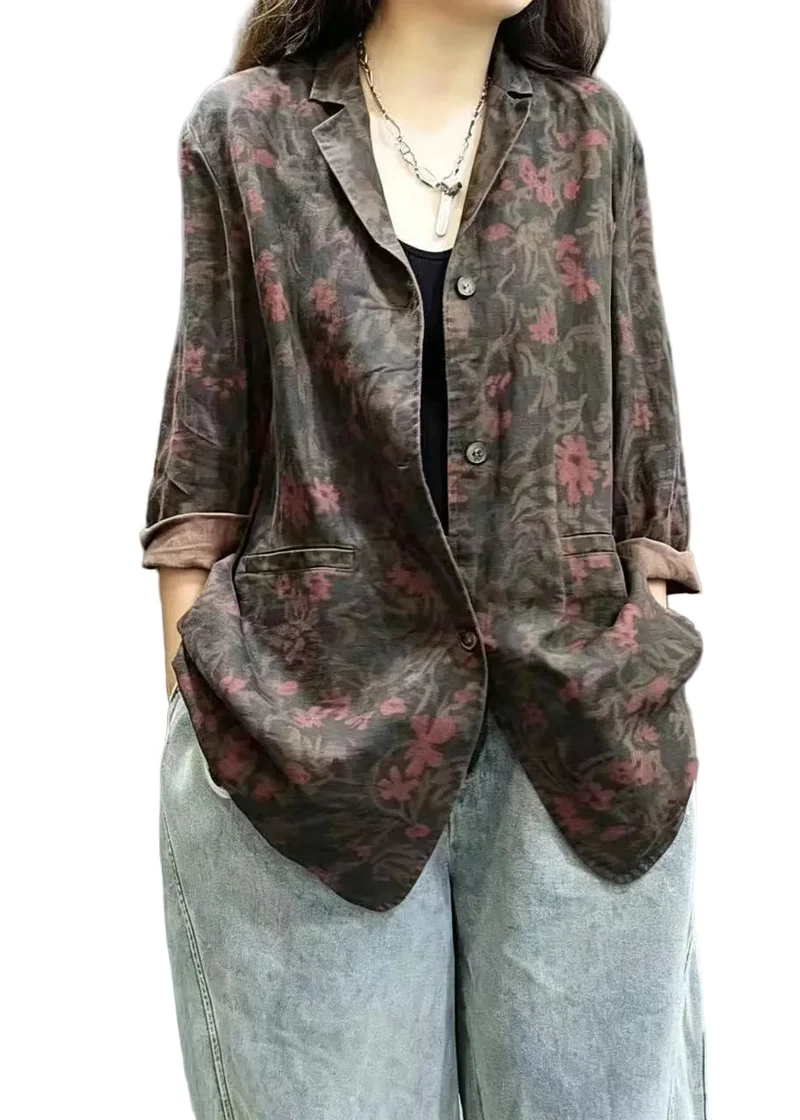 Oversized damesblazer met vintage bloemenprint, reverskraag en zakken