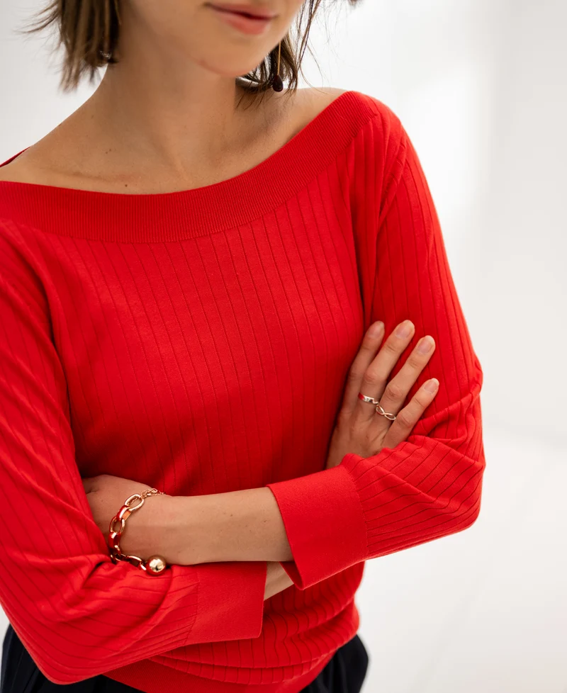 Tencel-zijde boothals trui LA TULIPE Koraalrood