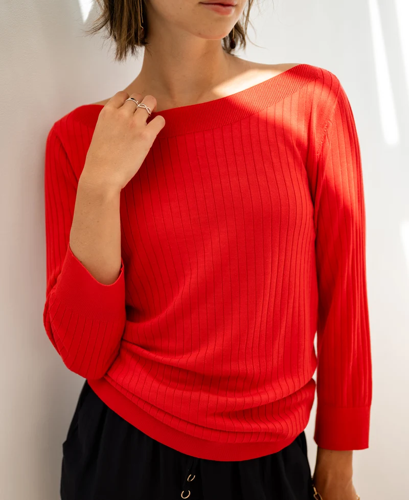 Tencel-zijde boothals trui LA TULIPE Koraalrood