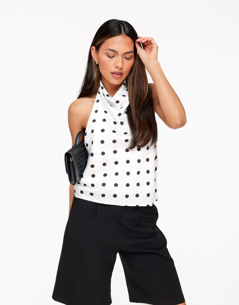 Witte Satijnen Polkadot Hoge Hals - Top
