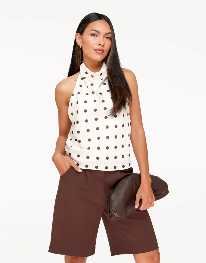 Creme Satijnen Polkadot Hoge Hals - Top