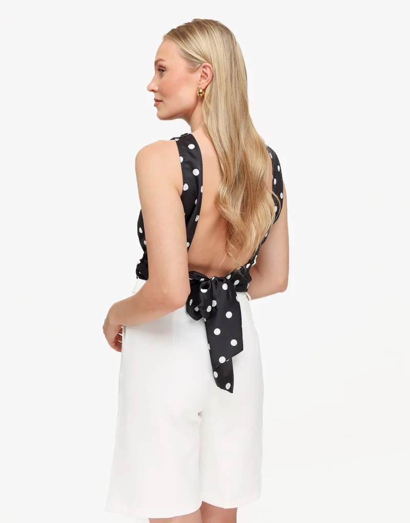 Zwarte Polkadot Satijnen Open Rug - Top