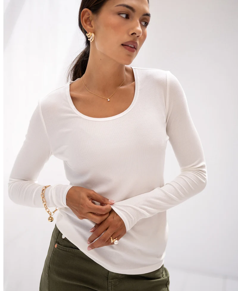 Lyocell T-shirt lange mouw LA JAMALA Ivoor