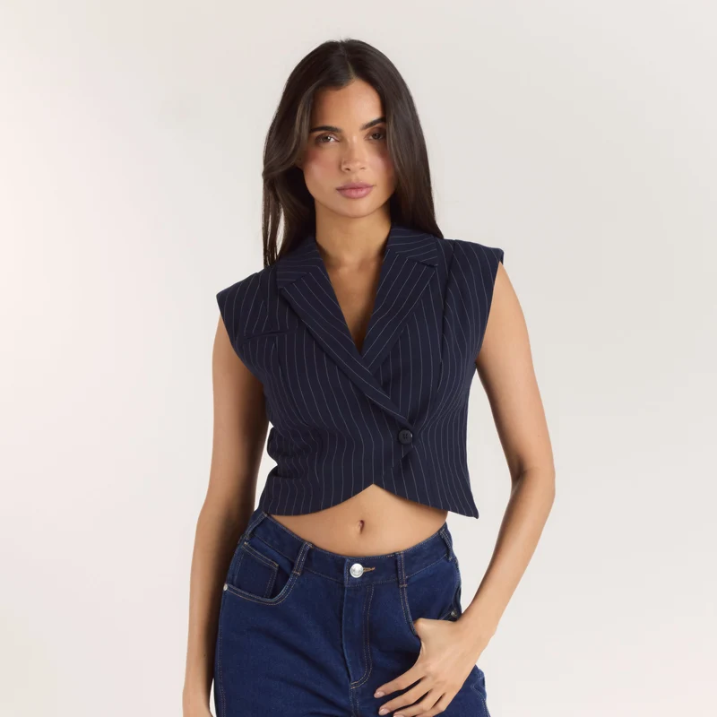 Crossover Vest - Marineblauw Krijtstreep