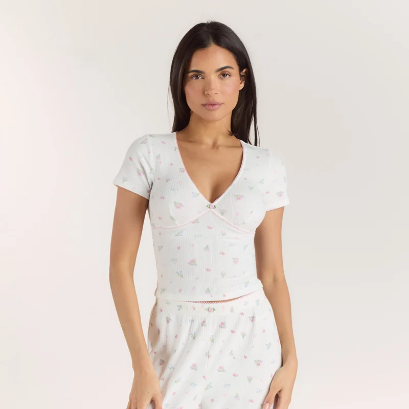 Ribbed Pyjama Top met korte mouwen - Witte Bloemenprint