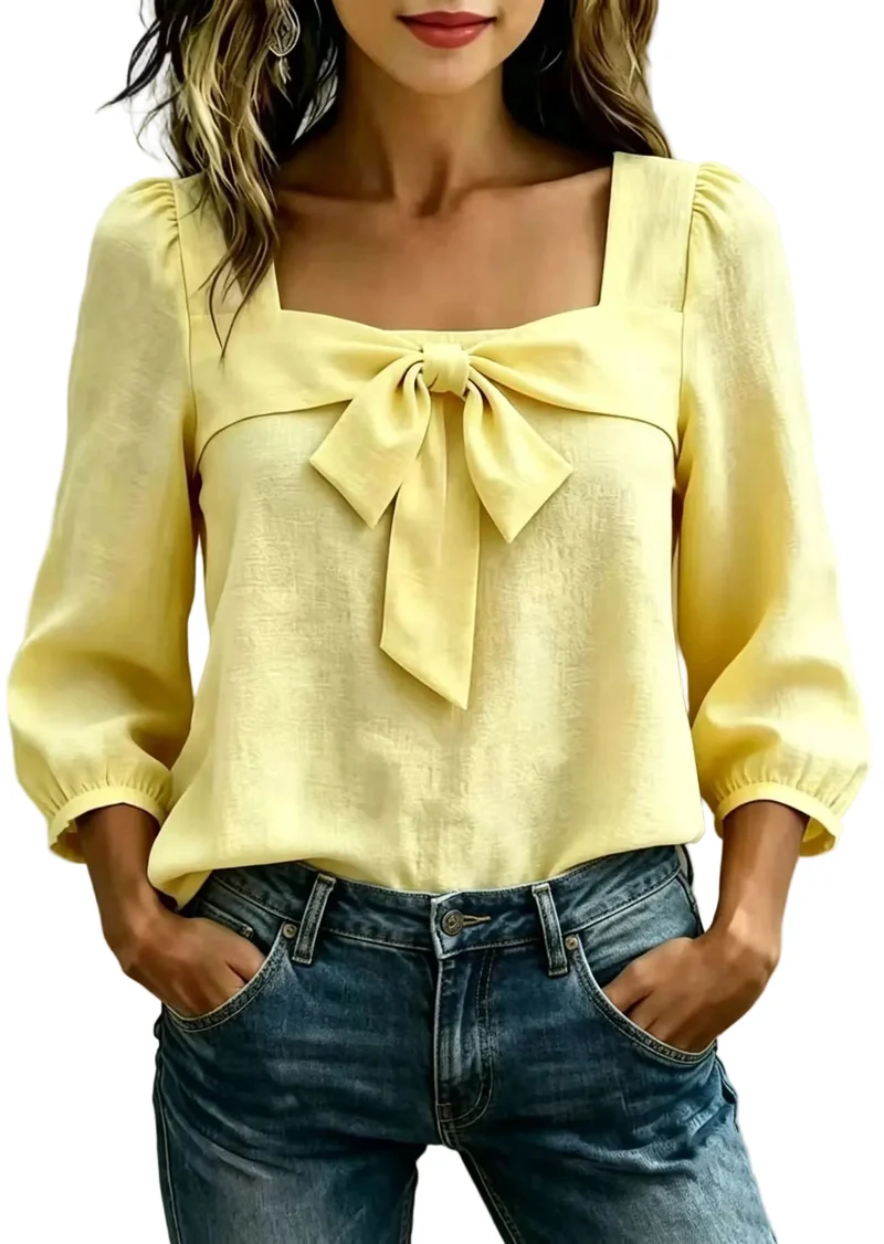 Dames Shirt Lange Mouw Vierkante Kraag Met Strikdetail