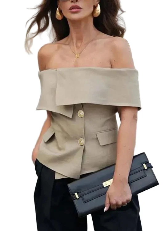Dames Top met Schuine Hals en Koude Schouderknopen Zomerstijl