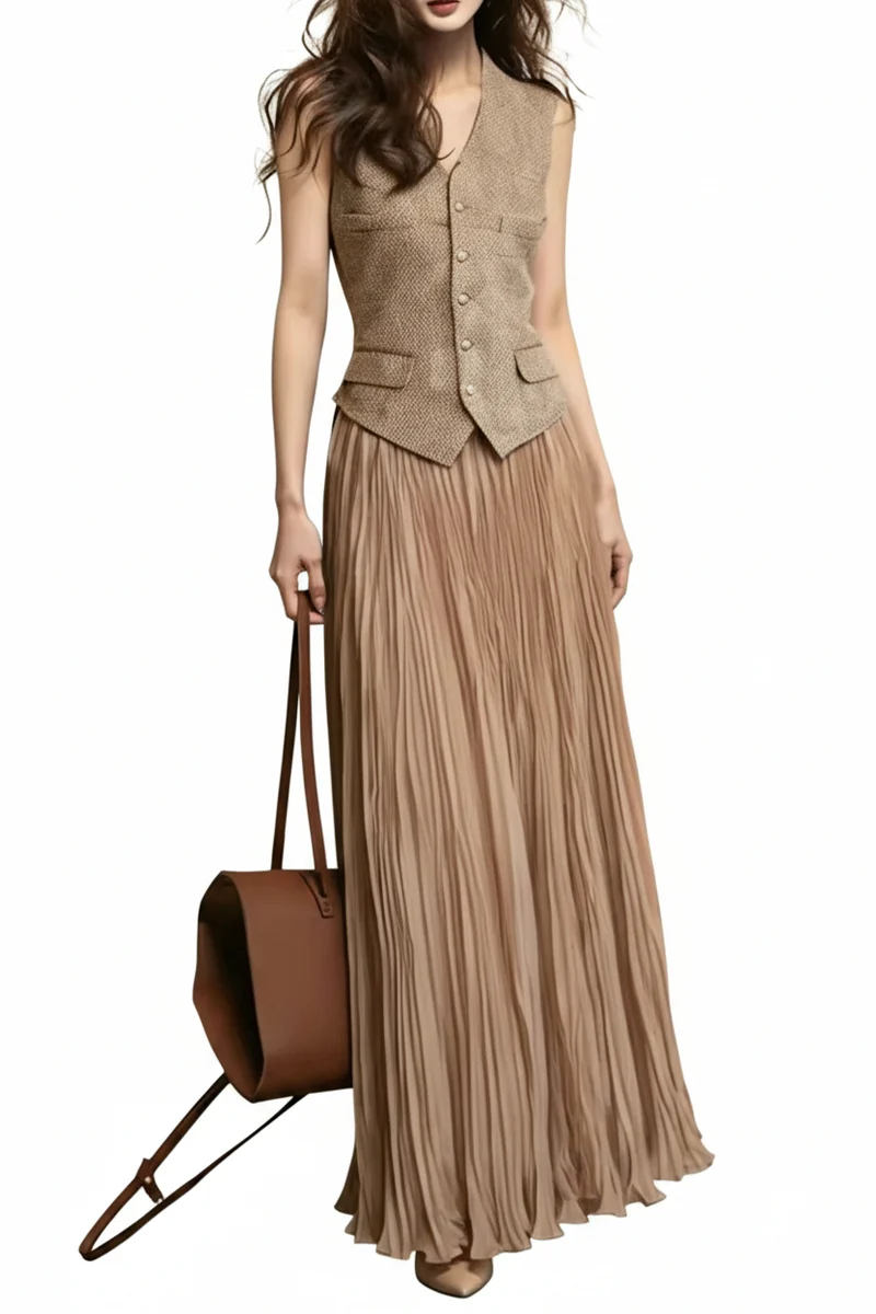 Dames Tweedelige Set Gilet en Gerimpelde Rok Mouwloos