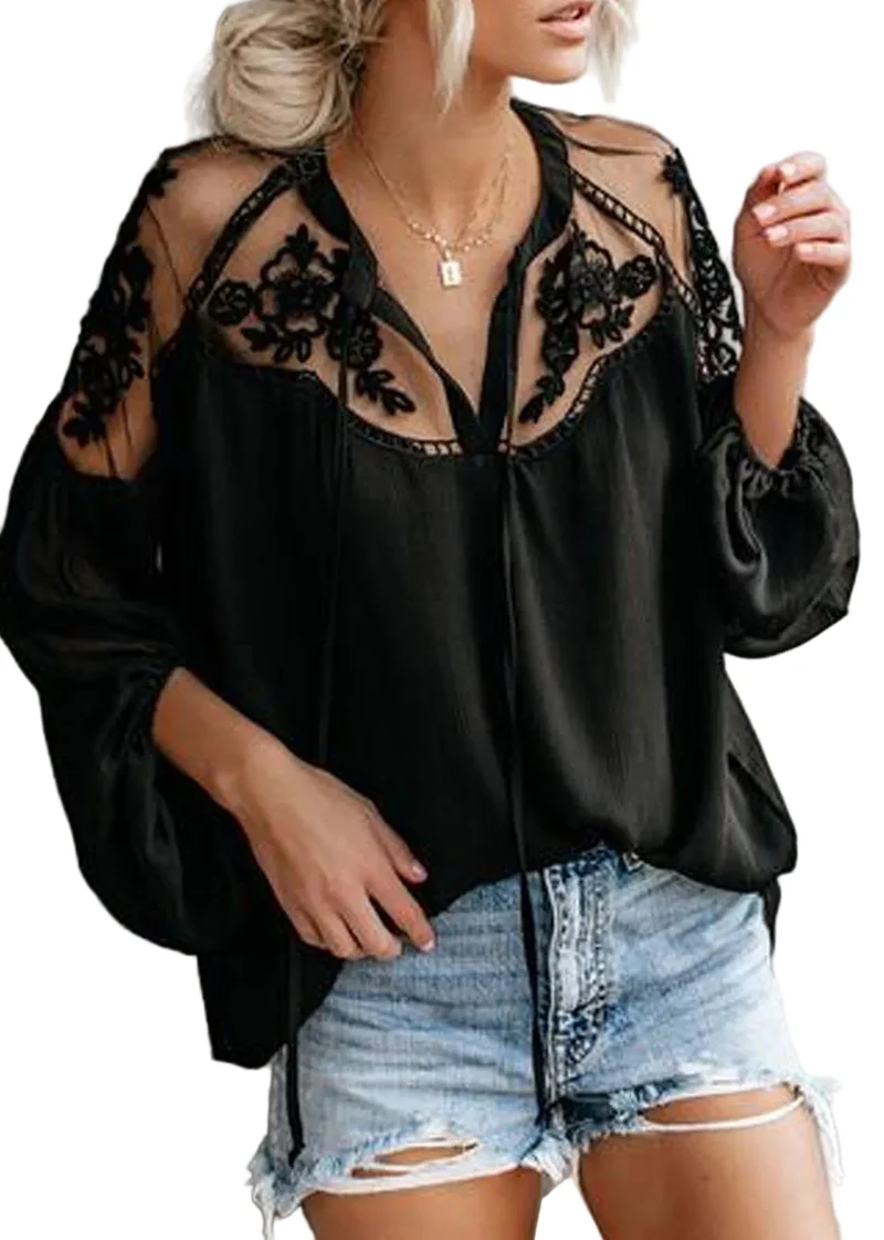 Dames Oversized Shirt Patchwork Kant Transparant Zomerstijl