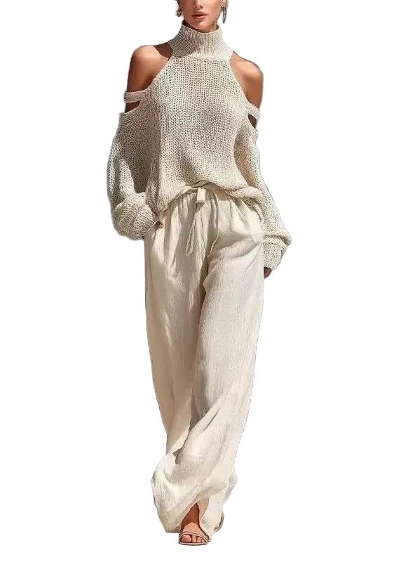 Dames Tweedelige Set Coltrui met Koude Schouder en Wijde Broek