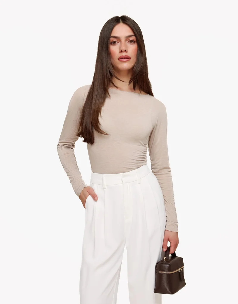 Beige Zachte Doorschijnende LS - Top