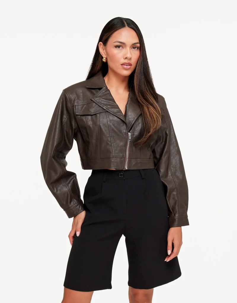 Donkerbruine PU Cropped Biker - Jas